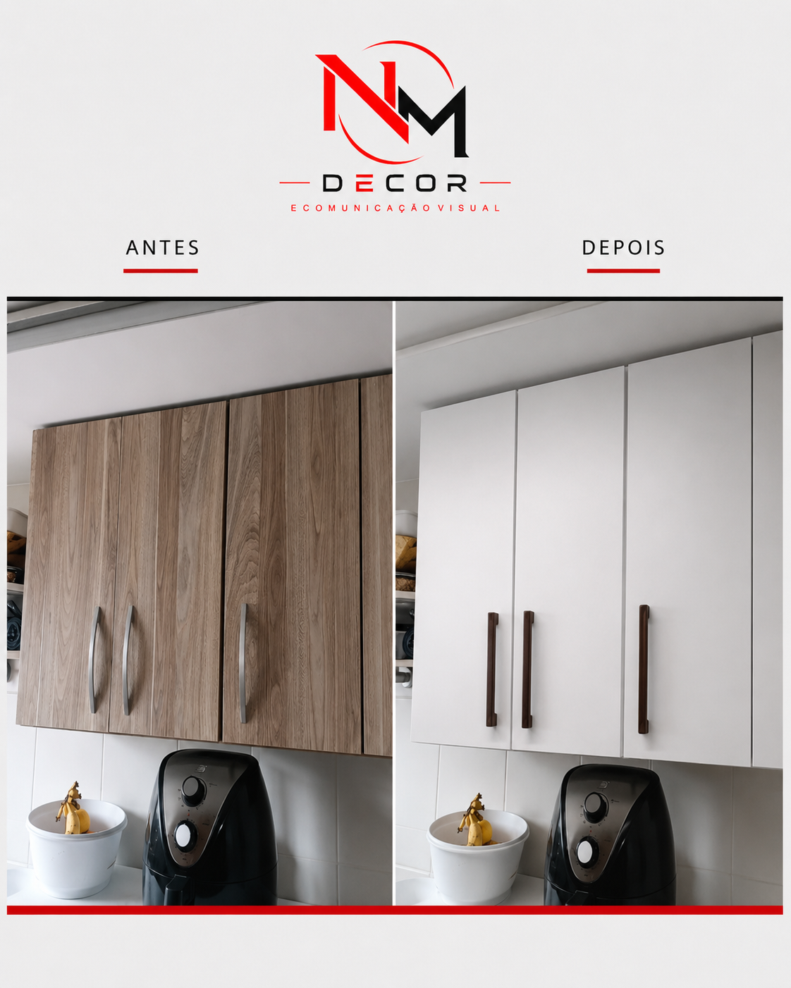 Antes e depois de armários superiores de cozinha