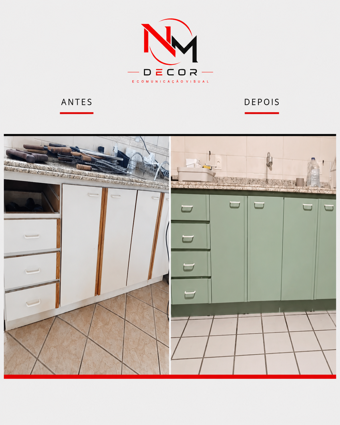 Antes e depois de armários inferiores de cozinha