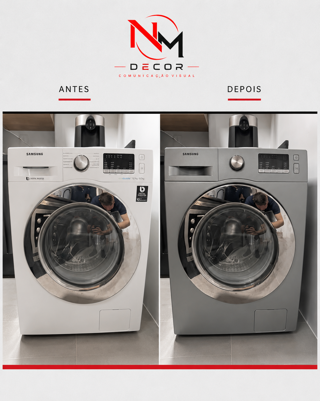 Antes e depois de máquina de lavar envelopada em cinza