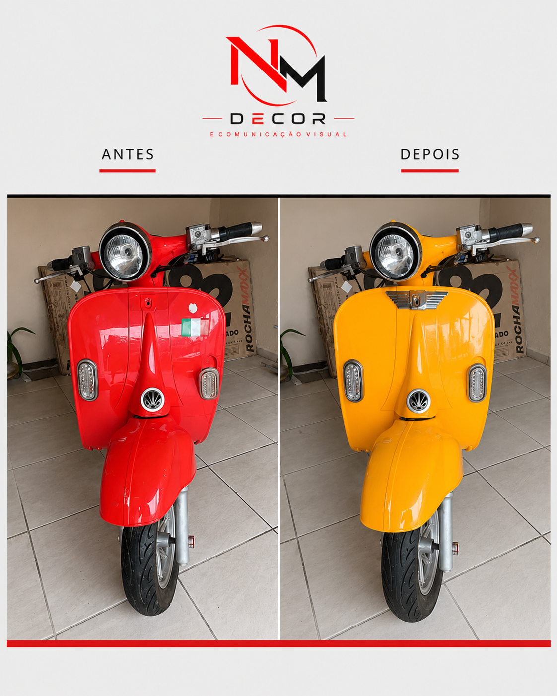 Antes e depois de moto envelopada pela NM Decor