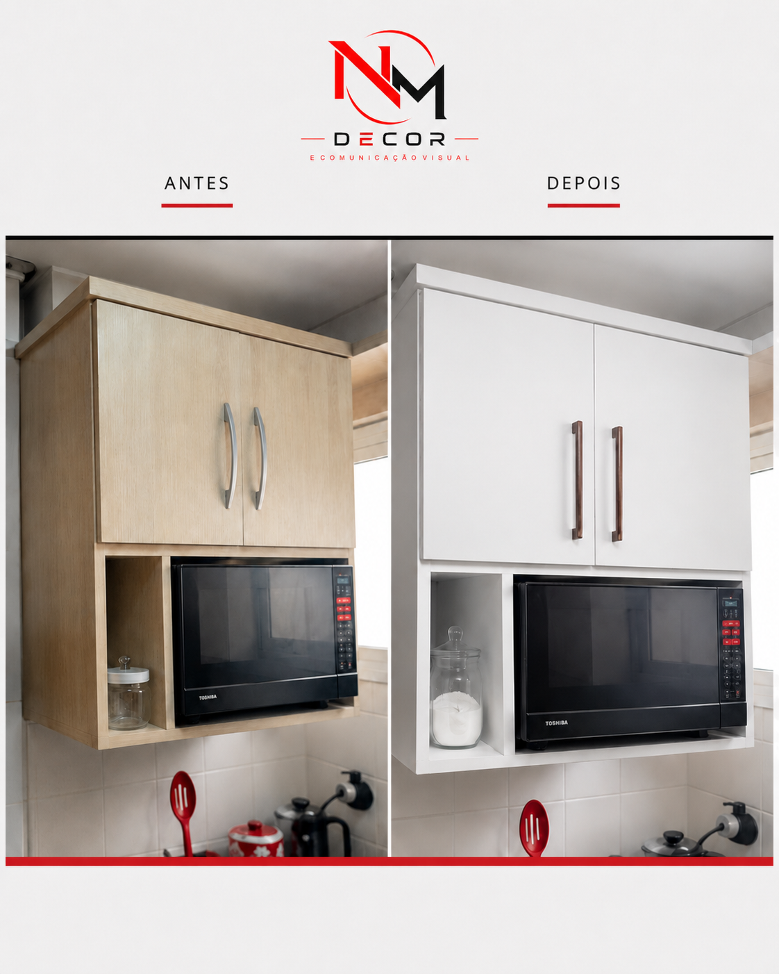 Antes e depois de armário de cozinha envelopado pela NM Decor